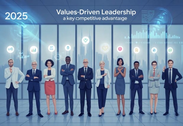 A diverse group of business professionals stands confidently in front of a window with city views, under the text "2025 Values-Driven Leadership a key competitive advantage.