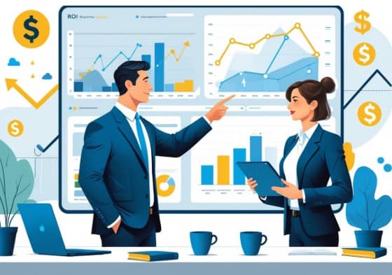 Fet2 Two business professionals discuss data charts displayed on a large screen in an office setting, with laptops, coffee cups, and financial symbols visible.