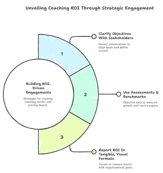 Fet3 A three-step diagram illustrates building ROI-driven coaching engagements: clarifying objectives, using assessments, and reporting ROI with visuals aligned to goals.