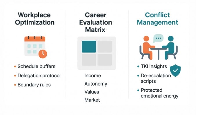 Infographic outlining workplace optimization, career evaluation matrix, and conflict management with related key points and icons for each category.