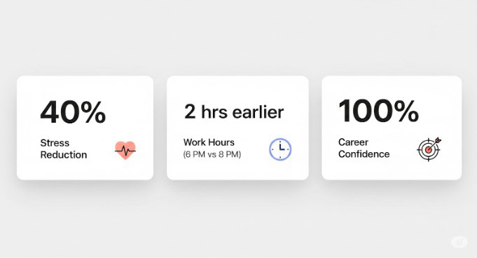 Three white boxes display statistics: 40% stress reduction, work hours ending 2 hours earlier (6 PM vs 8 PM), and 100% career confidence, each with related icons.