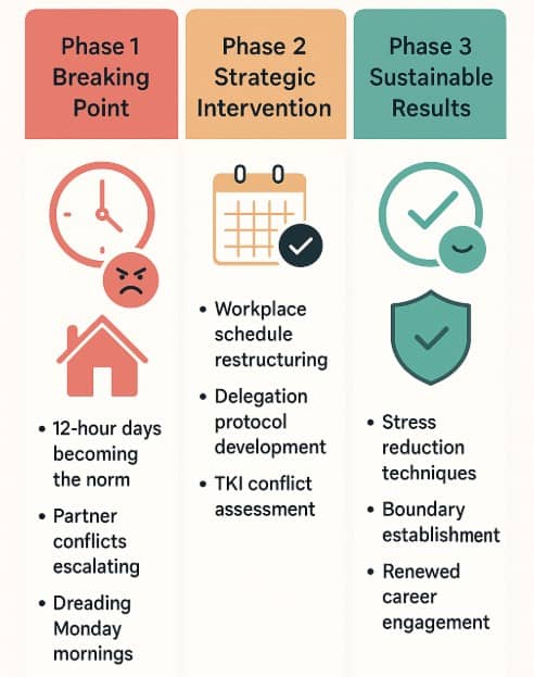 Infographic showing three phases: Breaking Point, Strategic Intervention, and Sustainable Results, with icons and bullet points describing each phase’s challenges and interventions.