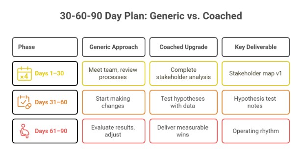 A chart compares a generic and coached 30-60-90 day plan, outlining actions and key deliverables for each phase: days 1-30, 31-60, and 61-90.