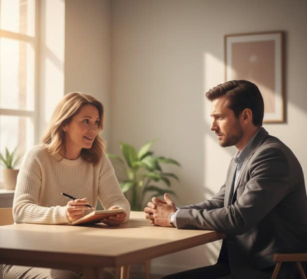 Two people sit at a table in a well-lit office. The woman, holding a notebook and pen, appears to be interviewing or counseling the man, who listens attentively.